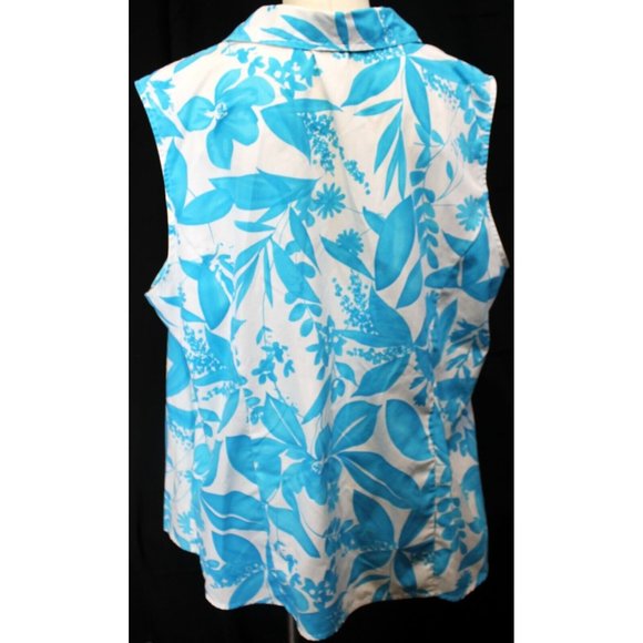 White Stage Woman's Sleeveless Collard Button Up Floral White Blue 3XL Tropical - Picture 4 of 11